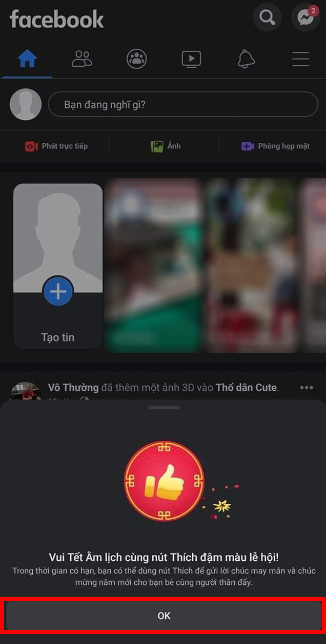 When you see the notification Happy Lunar New Year with the red Like button, click OK to continue.