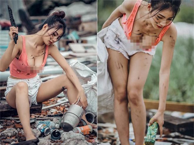 The hot girl poses beside the garbage dump