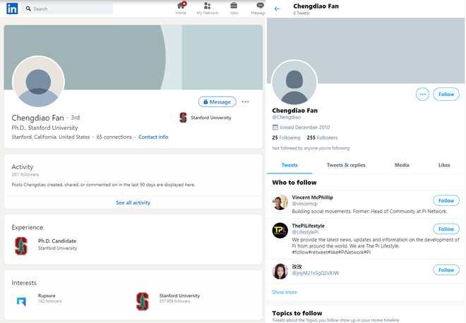Dr. Chengdiao Fan's social media accounts also do not mention Pi Network