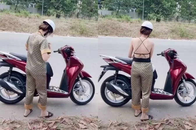 A close-up of the girl's quick outfit change process