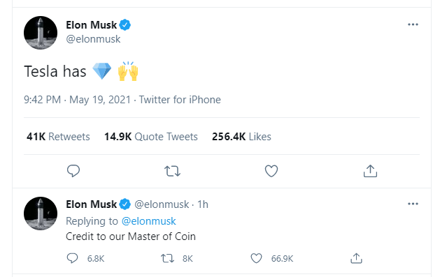 Elon Musk's tweet posted on the evening of May 19 (screenshot)