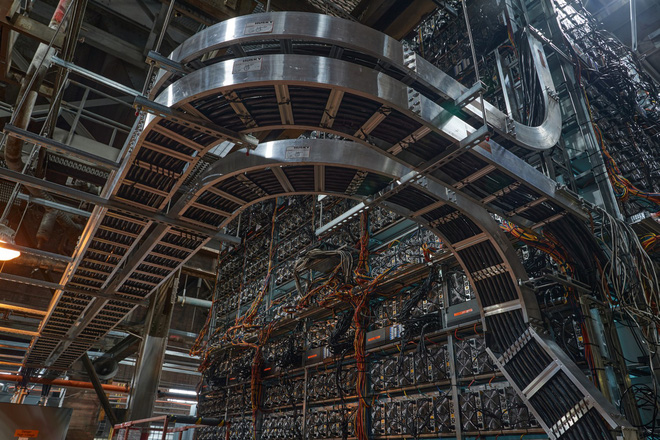A Bitcoin mining 'farm' with thousands of mining devices lined up closely together
