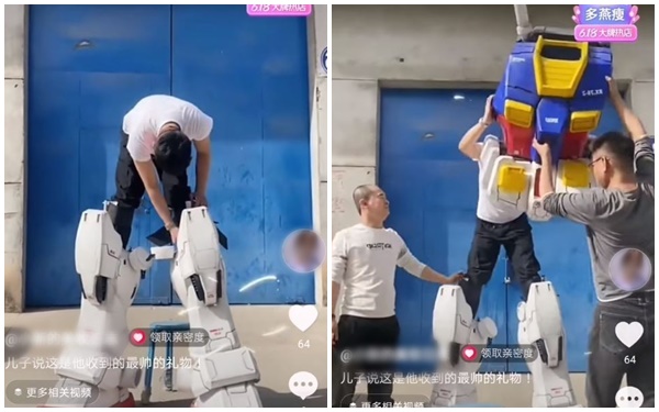 The process of putting on a Gundam suit looks quite challenging