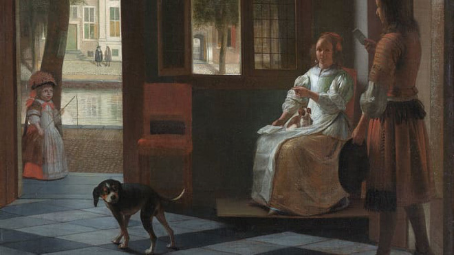 The painting 'A Man Giving a Letter to a Woman in the Hall' by Pieter de Hooch