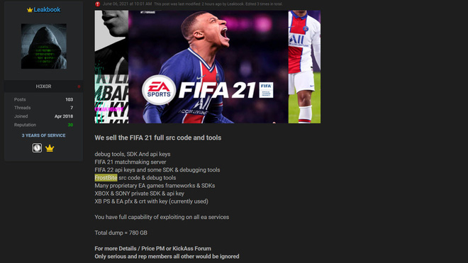 Hacker selling Electronic Arts' source code on the underground forum of hackers