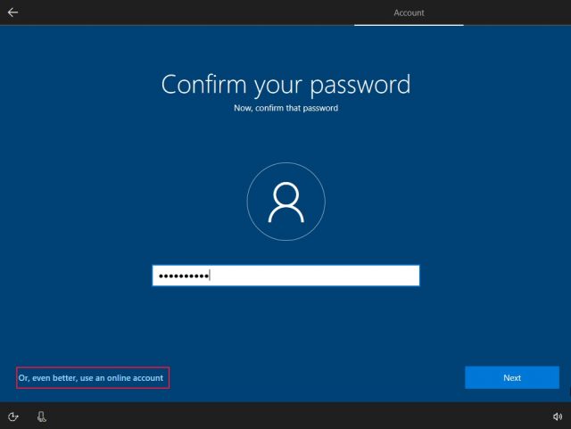 Initial Windows 10 installation allowed local account use with an online account login option