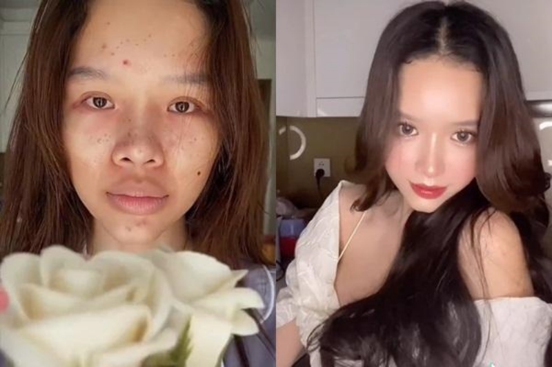 On the left is her bare face, and on the right is after makeup