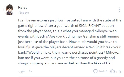 I can't express my frustration with the current state of the game. After a year of enthusiastic support from players, this is what you do, miHoYo? A web event with gacha? Are you kidding me? Genshin Impact is still here thanks to the large player base. What do you lose by giving players an acceptable reward?