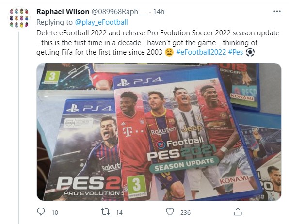 A gamer who has collected many PES game discs expressed deep disappointment and hopes Konami will delete eFootball and replace it with PES 2022. He also shared that this is the first time he has considered buying EA's FIFA game since 2003