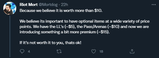 Riot Mortdog: Because we believe they are worth more than 10 USD (the highest price point of the old Pets system according to the North American server). We believe it is important to have some items priced higher than the average. We have regular Pets (5 USD), Tickets (around 10 USD), and now we are introducing some premium items (around 15 USD). And if you feel it’s not worth it, that's fine!