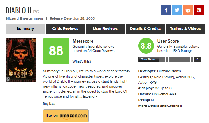 Meanwhile, the original Diablo II has a user score of up to 8.8