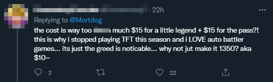 The price is too high, 15 USD for a Pet and an additional 15 USD for the ticket? This is why I no longer play TFT and prefer auto-battler games. This is really too greedy. Why not make it 1350 RP, around 10 USD?