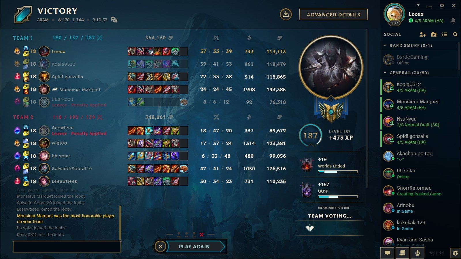 The ARAM match lasting 3 hours and 10 minutes by player Kindred_OTP