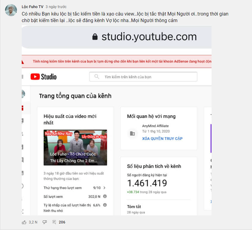 Lộc Fuho announced his channel's monetization was disabled due to AdSense