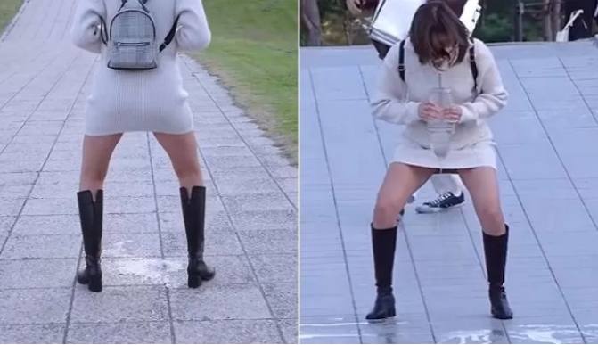 The shocking act of pretending to urinate in public by this female YouTuber