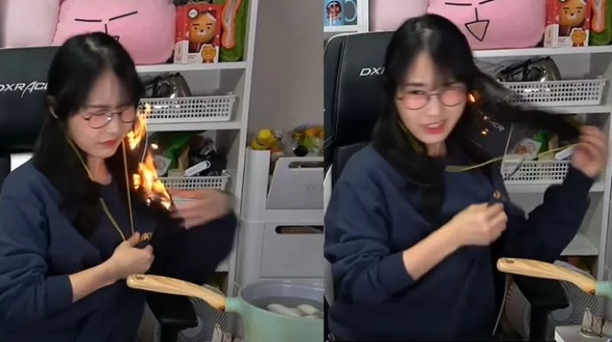 The embers quickly cling to and spread to the streamer’s hair