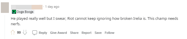 He's playing well, but I swear, Riot can't keep ignoring that Irelia is too overpowered. This champion needs a nerf.
