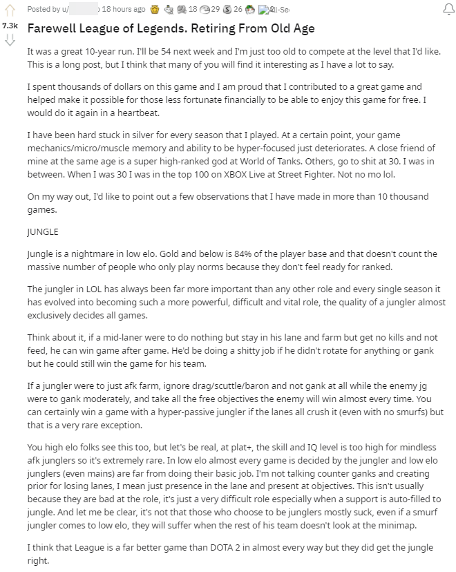 The 'retirement' post by the 54-year-old gamer and his lessons learned from 10 years of 'battling' in the Summoner's Rift