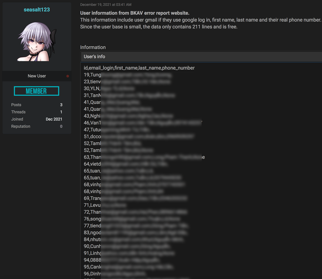 User information from BKAV's Breport.vn website was publicly posted
