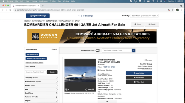 But as of December 1, the matching registration number aircraft is still for sale