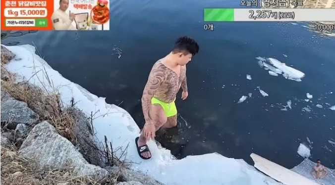 Image of the streamer stepping into the icy river