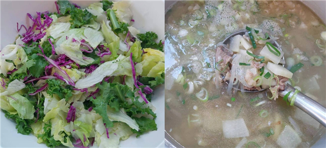 Lots of vegetables, even in soup there is only a bit of meat