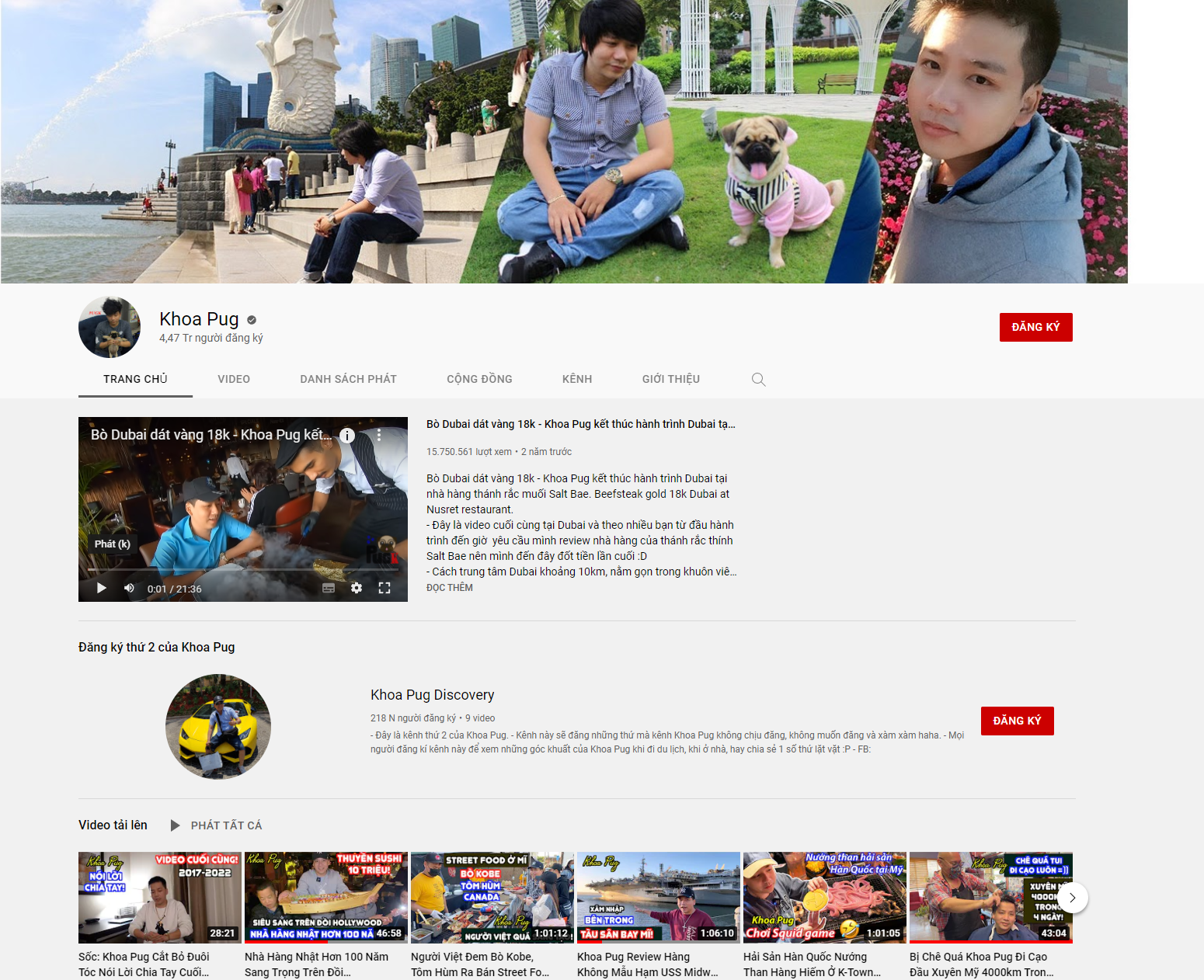 Khoa Pug's YouTube channel, which is nearing 4.5 million subscribers