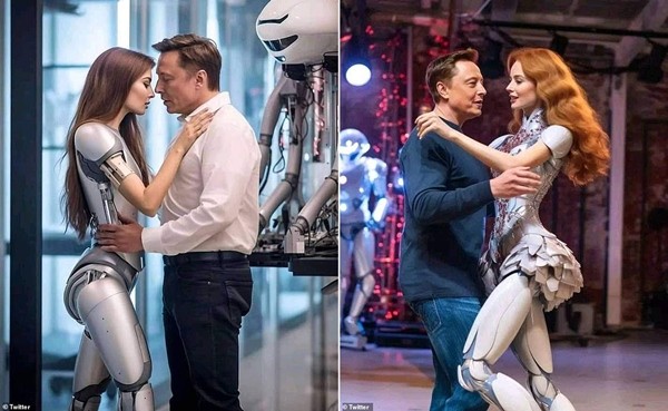 The Truth Behind the Shocking Images of Billionaire Elon Musk Kissing Robots 1 Image of Elon Musk with humanoid robots. Photo: Twitter.