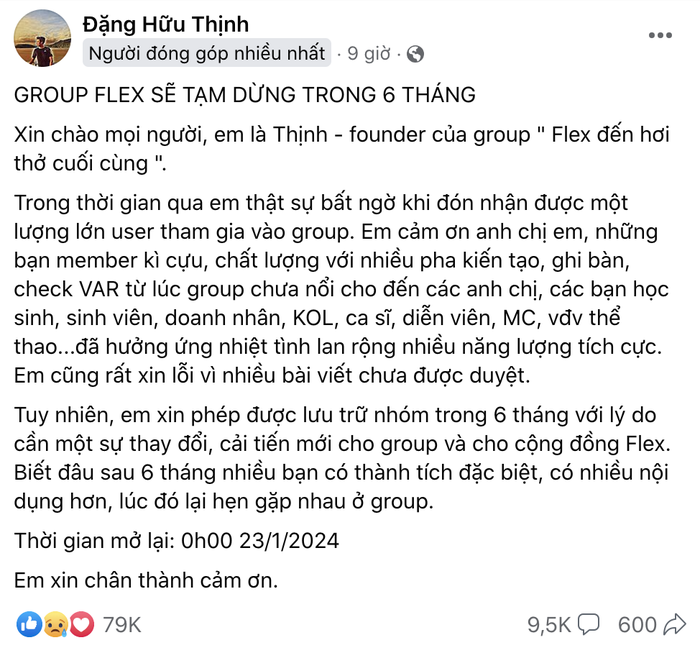 The "Flex Until the Last Breath" Group Surprises with Announcement of Suspension After Reaching 1.4 Million Members 2 Post by Hữu Thịnh - the founder of the group
