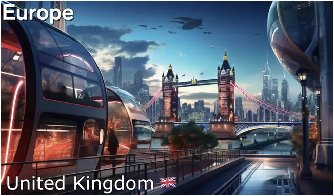 The United Kingdom appears to have changed very little. In the distance, the London Bridge still stands proudly over the river. The mode of transportation for the people consists of transparent self-driving spheres.