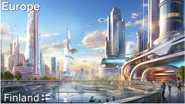 The future landscape of Finland is covered by skyscrapers surrounding a large lake. The people of this country have transitioned from traditional transport to using spaceships.