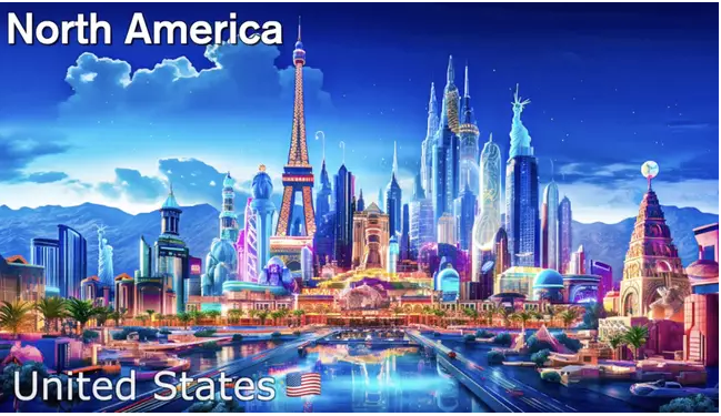 America in the year 5000 is filled with color. Buildings are constructed in a variety of styles blended from different countries. Among them, two buildings stand out with statues resembling the Statue of Liberty and a tower quite similar to the Eiffel Tower.