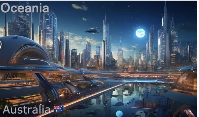 In Australia, the country's technology has advanced to the point where they can create scenes that are both bright and dark at the same time. The people live in skyscrapers and move using flying vehicles.