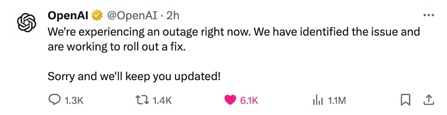 Breaking: ChatGPT Encounters Major Global Outage 1 OpenAI's announcement on X (Twitter).