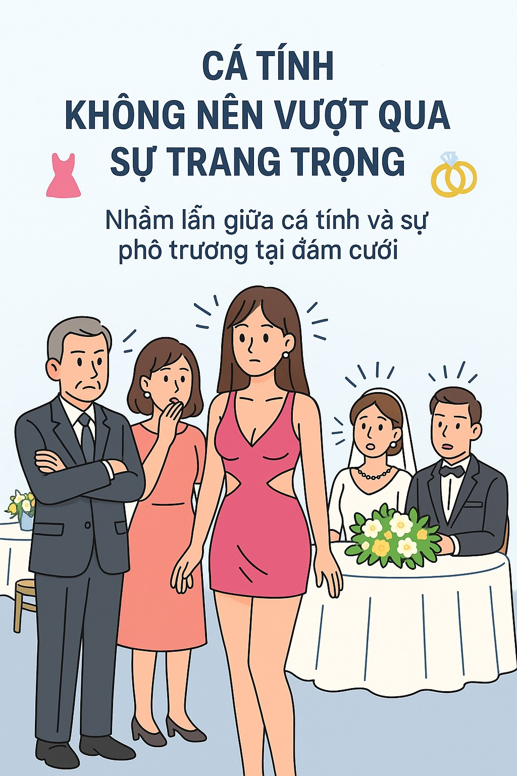 Attending a Wedding, Young Woman Wears Inappropriate Outfit, Ignoring the Norms of 'Style'? 6 Illustration created by AI.