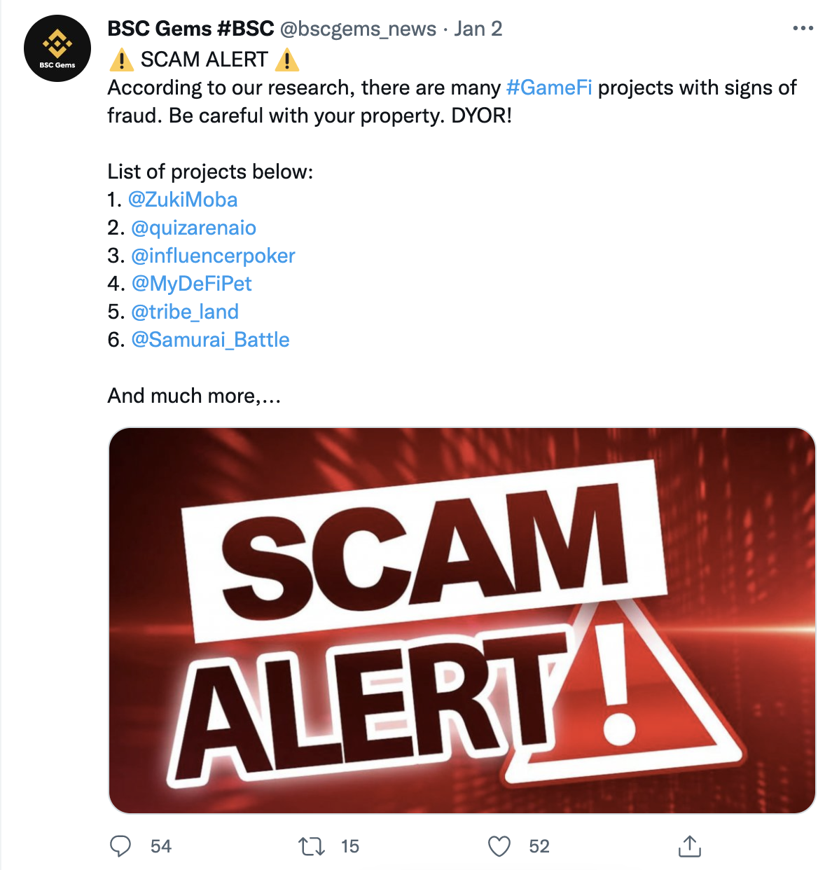 Before Being Accused of Fraud, Did the Zuki Moba Project that ViruSs Once Promoted Show Any Unusual Signs? 1 The warning post about GameFi projects showing signs of fraud from the Twitter account BSC Gems #BSC mentioning Zuki Moba
